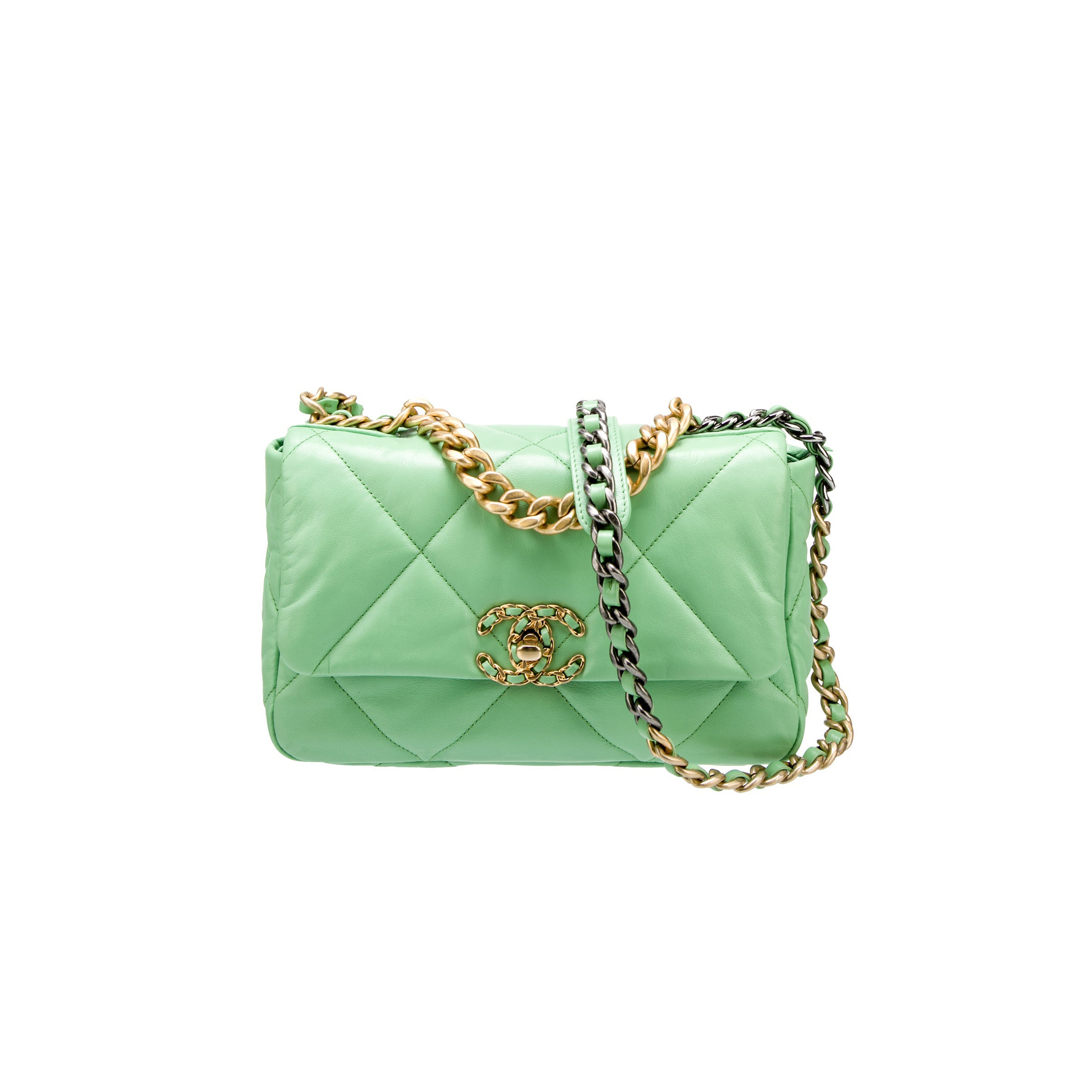 CHANEL GREEN QUILTED LAMBSKIN CHANEL 19 FLAP GOLD AND RUTHENIUM HARDWARE AS1160 (26*16*9cm)